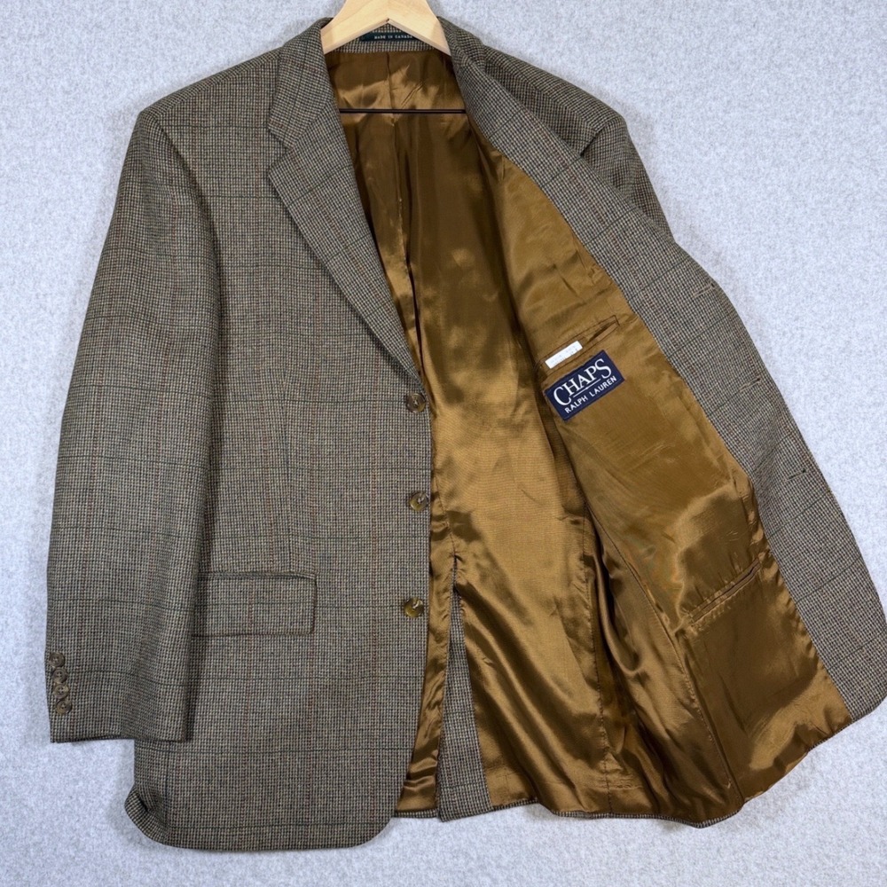 VTG Chaps Ralph Lauren Blazer Mens 42R Brown Glen Plaid Wool Alpaca Sport Coat